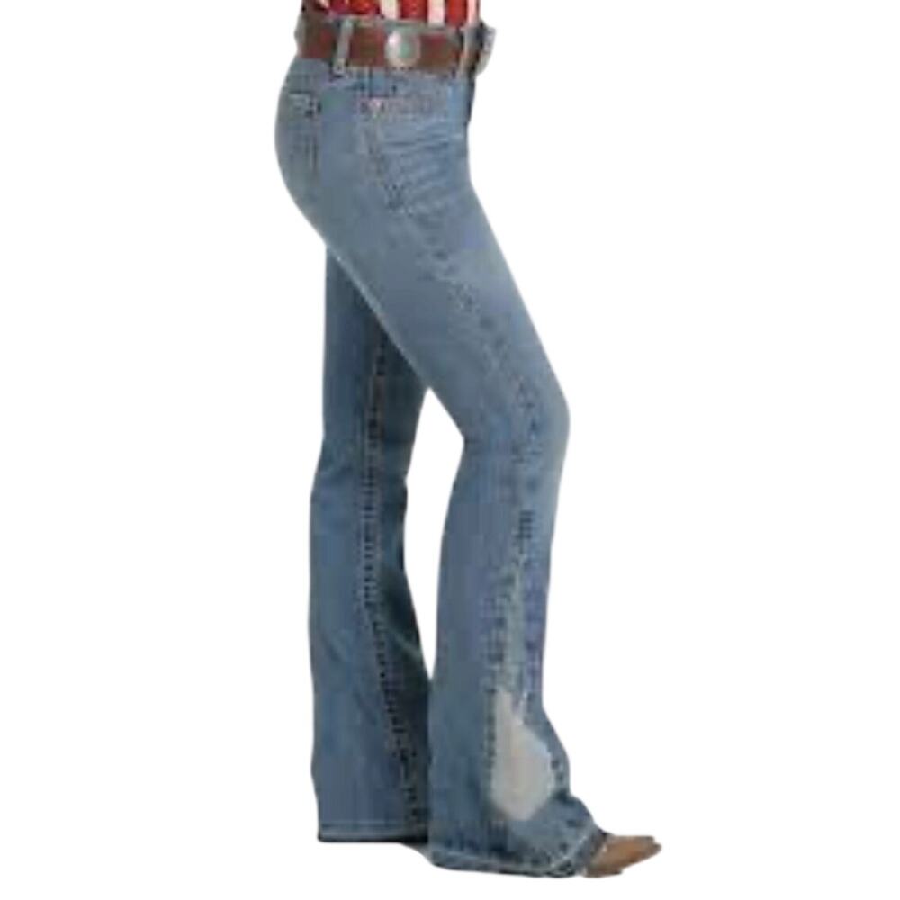 Cruel Girl Denim “Hannah” Womens Flare Jeans 28/5L Light Wash Chevron Piecing